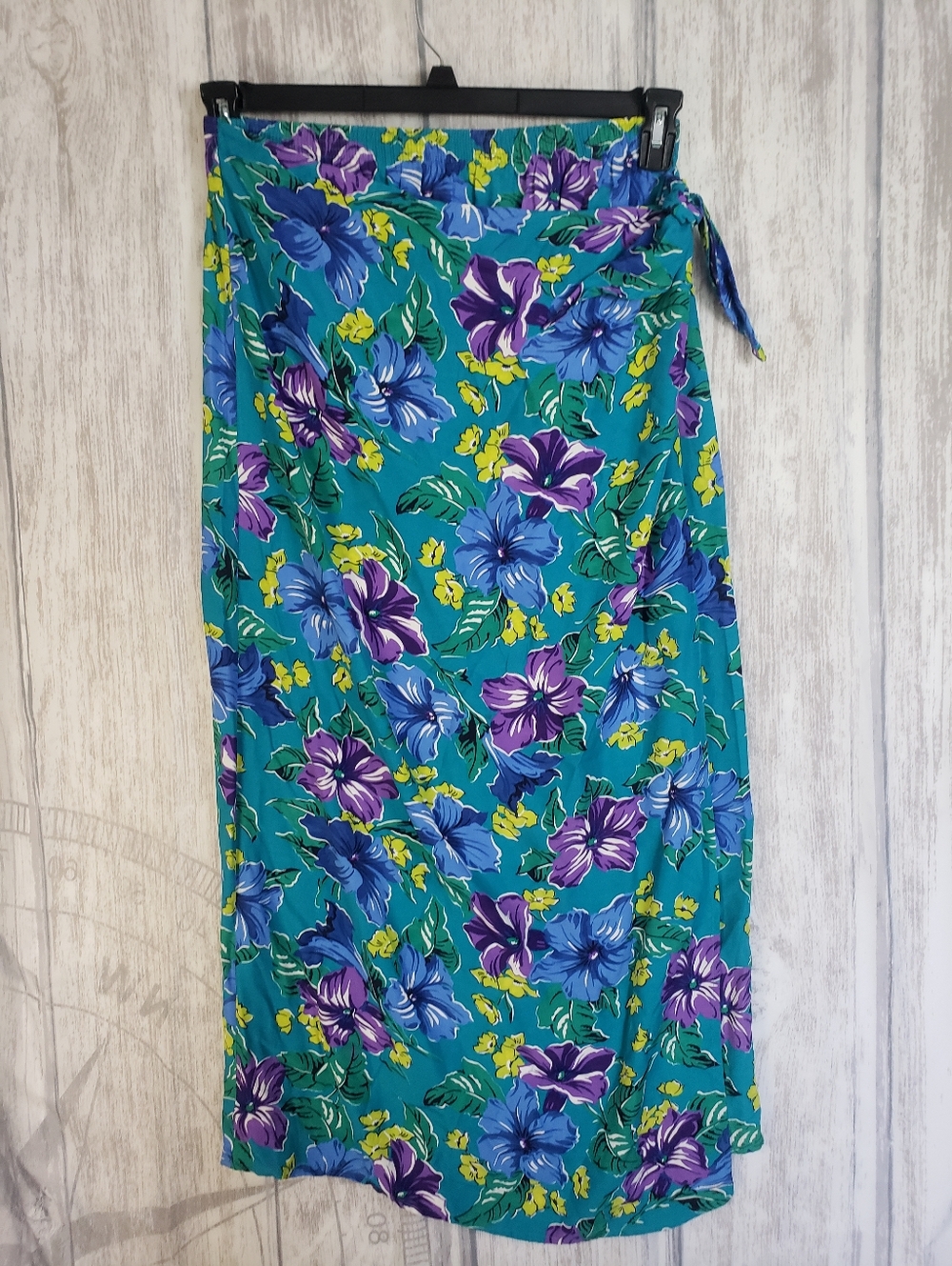 Jones New York Vintage Hawaiian Maxi Wrap Skirt Teal Floral Vacation Large A32
